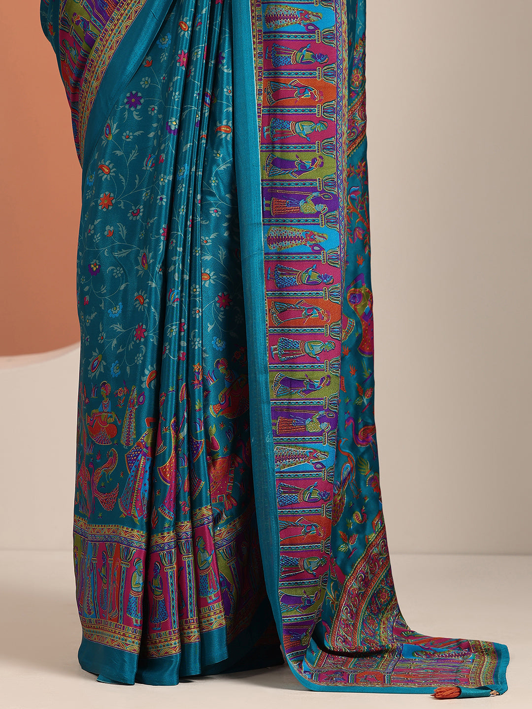 Blue Printed Crepe Saree With Unstitched Blouse Piece