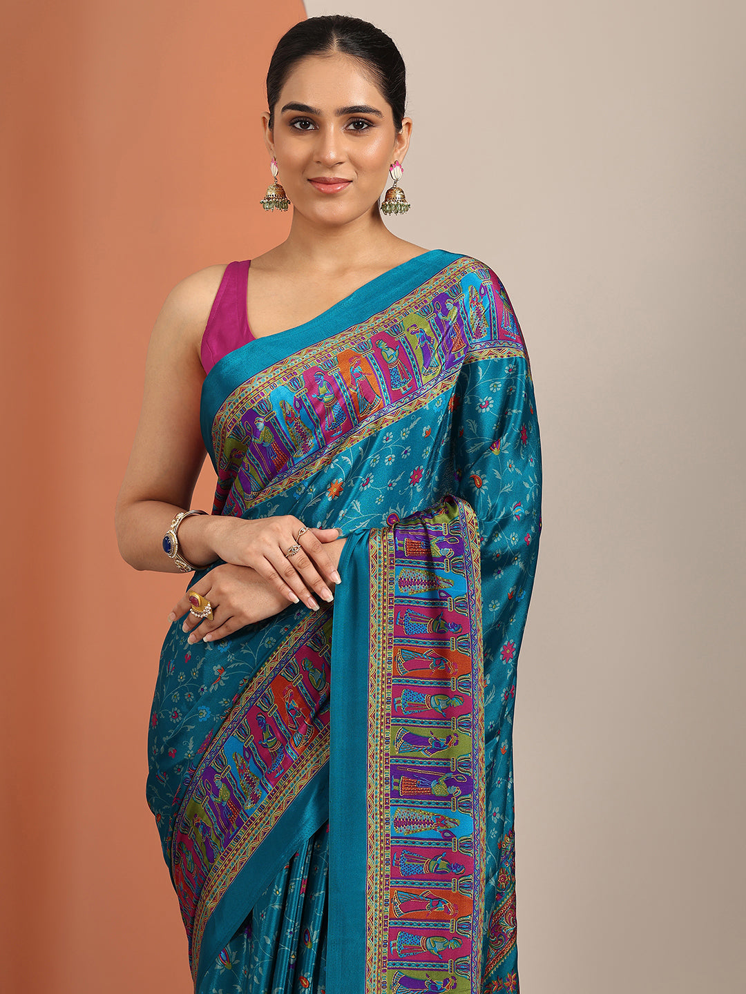 Blue Printed Crepe Saree With Unstitched Blouse Piece