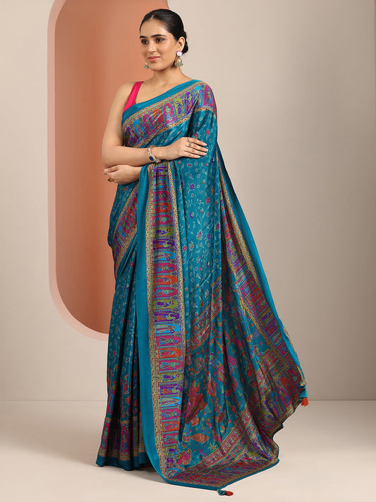 Blue Printed Crepe Saree With Unstitched Blouse Piece