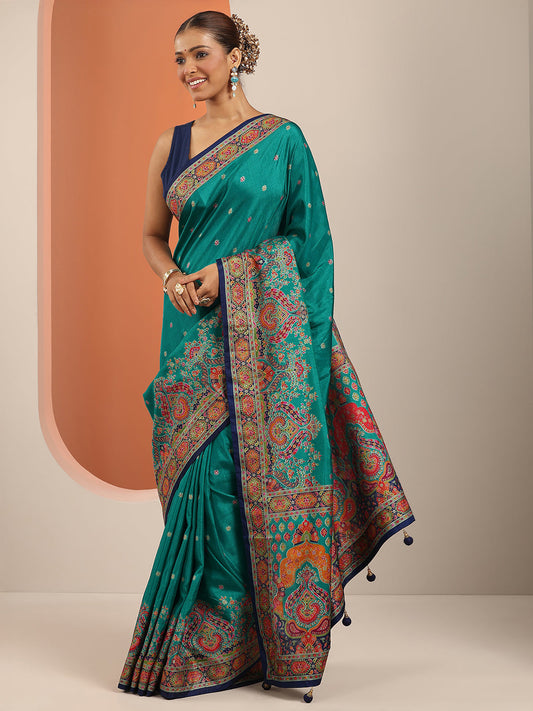 Teal Printed Silk Blend Saree With Unstitched Blouse Piece