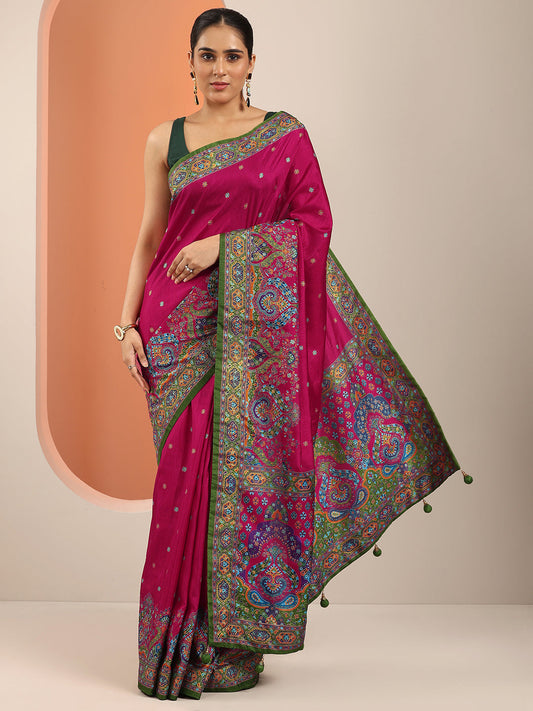 Magenta Printed Silk Blend Saree With Unstitched Blouse Piece
