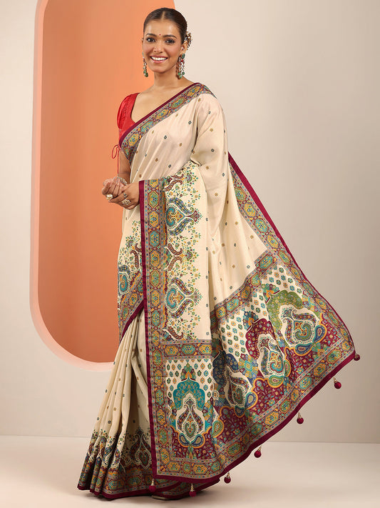 Cream Printed Silk Blend Saree With Unstitched Blouse Piece