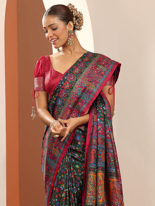 Green Printed Silk Blend Saree With Unstitched Blouse Piece