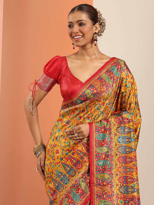 Mustard Printed Silk Blend Saree With Unstitched Blouse Piece
