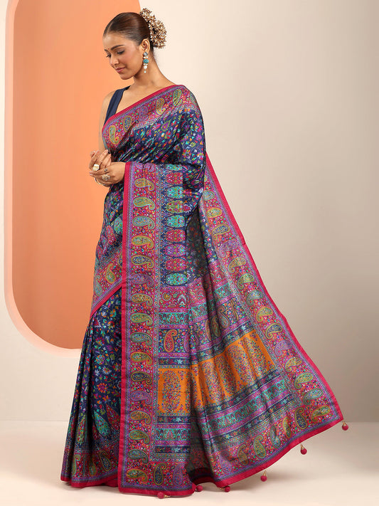 Navy Blue Printed Silk Blend Saree With Unstitched Blouse Piece