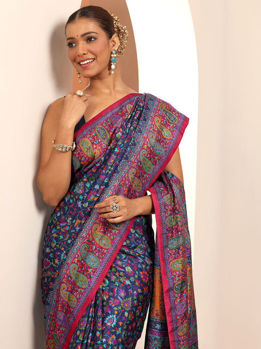 Navy Blue Printed Silk Blend Saree With Unstitched Blouse Piece