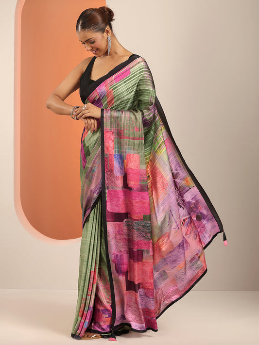 Olive Solid Silk Blend Saree With Unstitched Blouse Piece