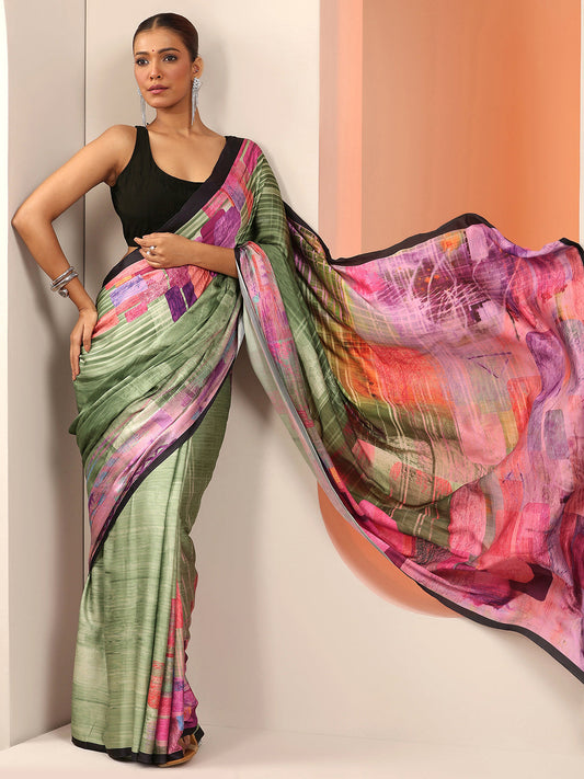 Olive Solid Silk Blend Saree With Unstitched Blouse Piece