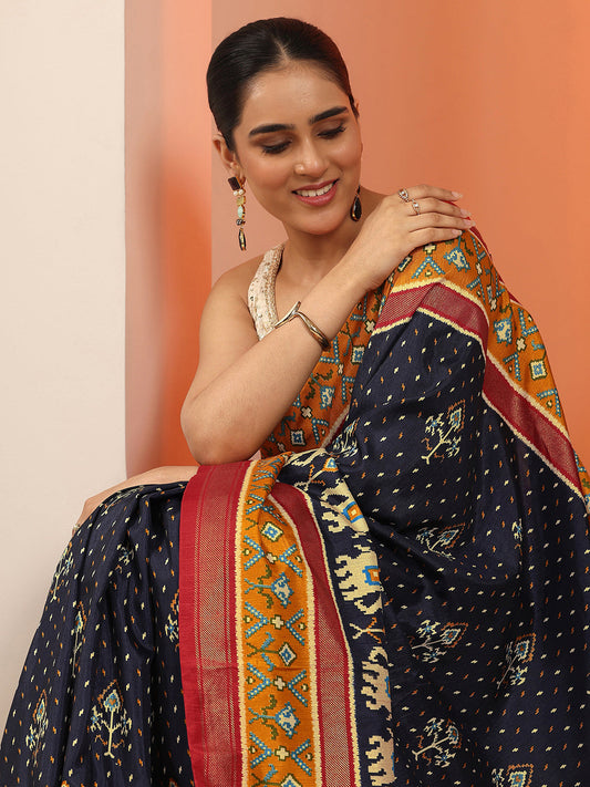 Navy Blue Printed Silk Blend Saree With Unstitched Blouse Piece