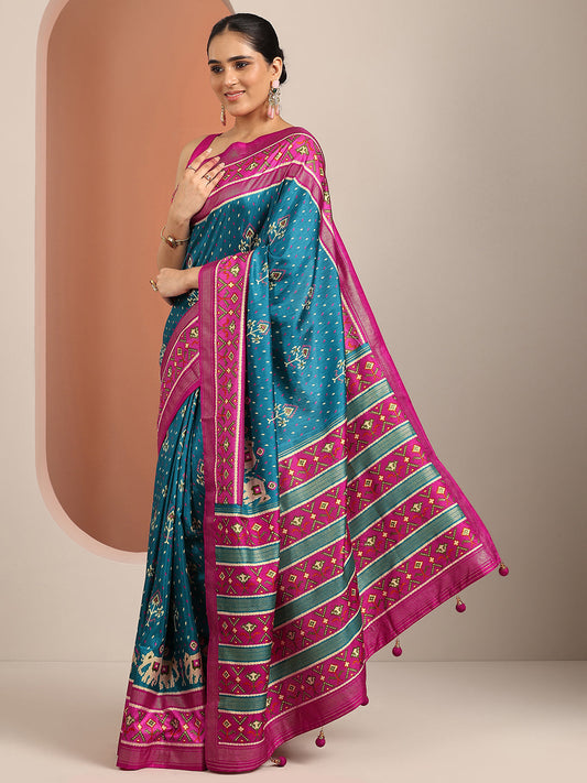 Blue Printed Silk Blend Saree With Unstitched Blouse Piece
