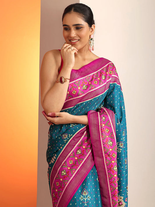 Blue Printed Silk Blend Saree With Unstitched Blouse Piece