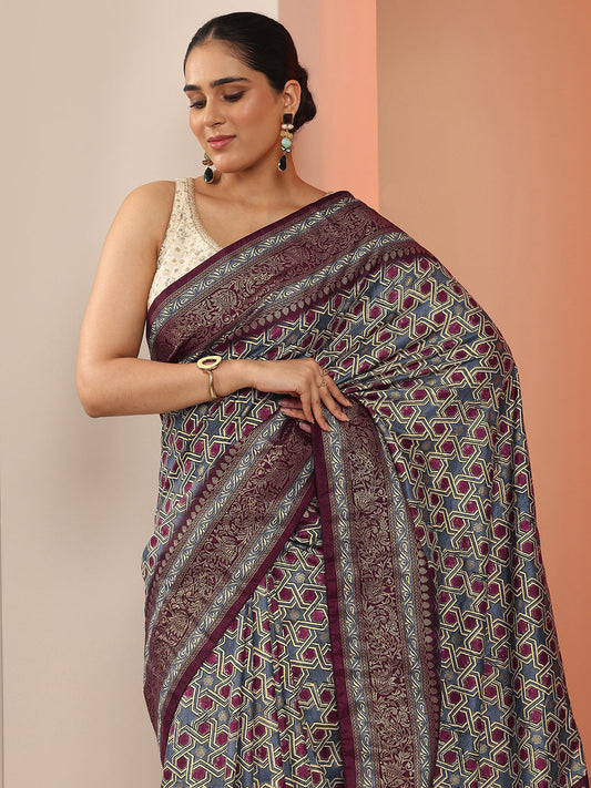 Blue Printed Silk Blend Saree With Unstitched Blouse Piece