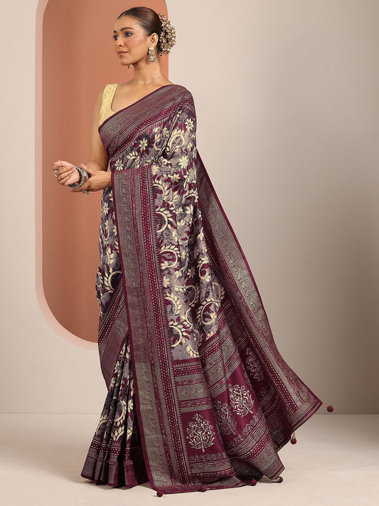 Mauve Printed Silk Blend Saree With Unstitched Blouse Piece