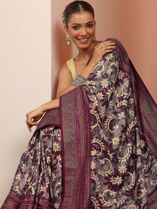 Mauve Printed Silk Blend Saree With Unstitched Blouse Piece