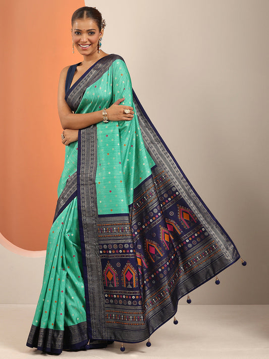 Sea Green Embellished Silk Blend Saree With Unstitched Blouse Piece