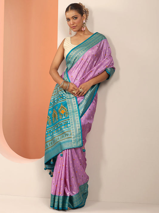 Lavender Embellished Silk Blend Saree With Unstitched Blouse Piece