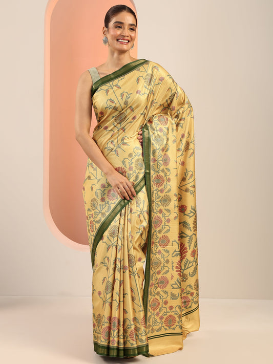 Yellow Printed Silk Saree With Unstitched Blouse Piece
