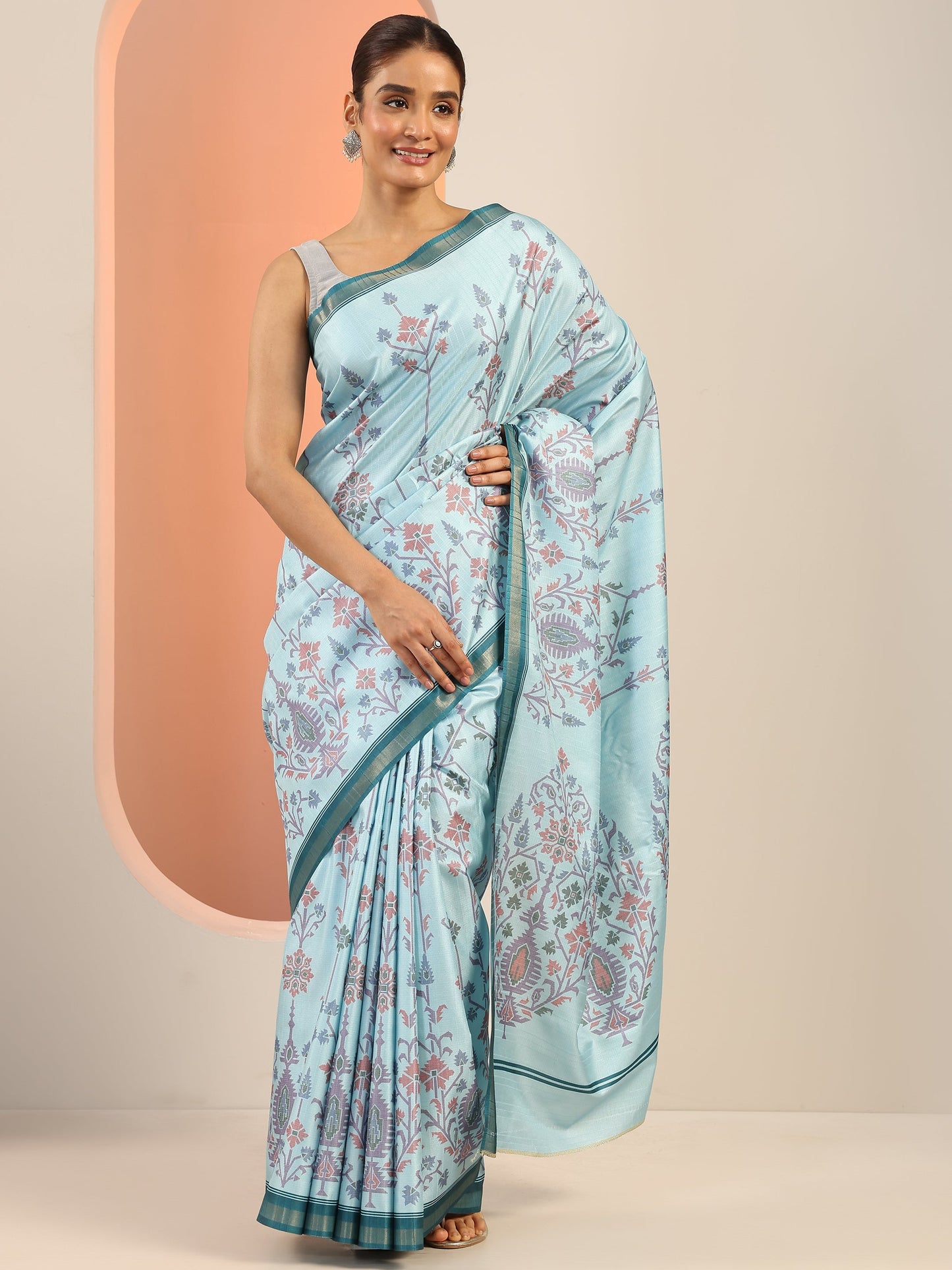 Blue Printed Silk Saree With Unstitched Blouse Piece