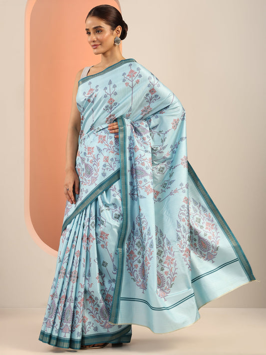 Blue Printed Silk Saree With Unstitched Blouse Piece