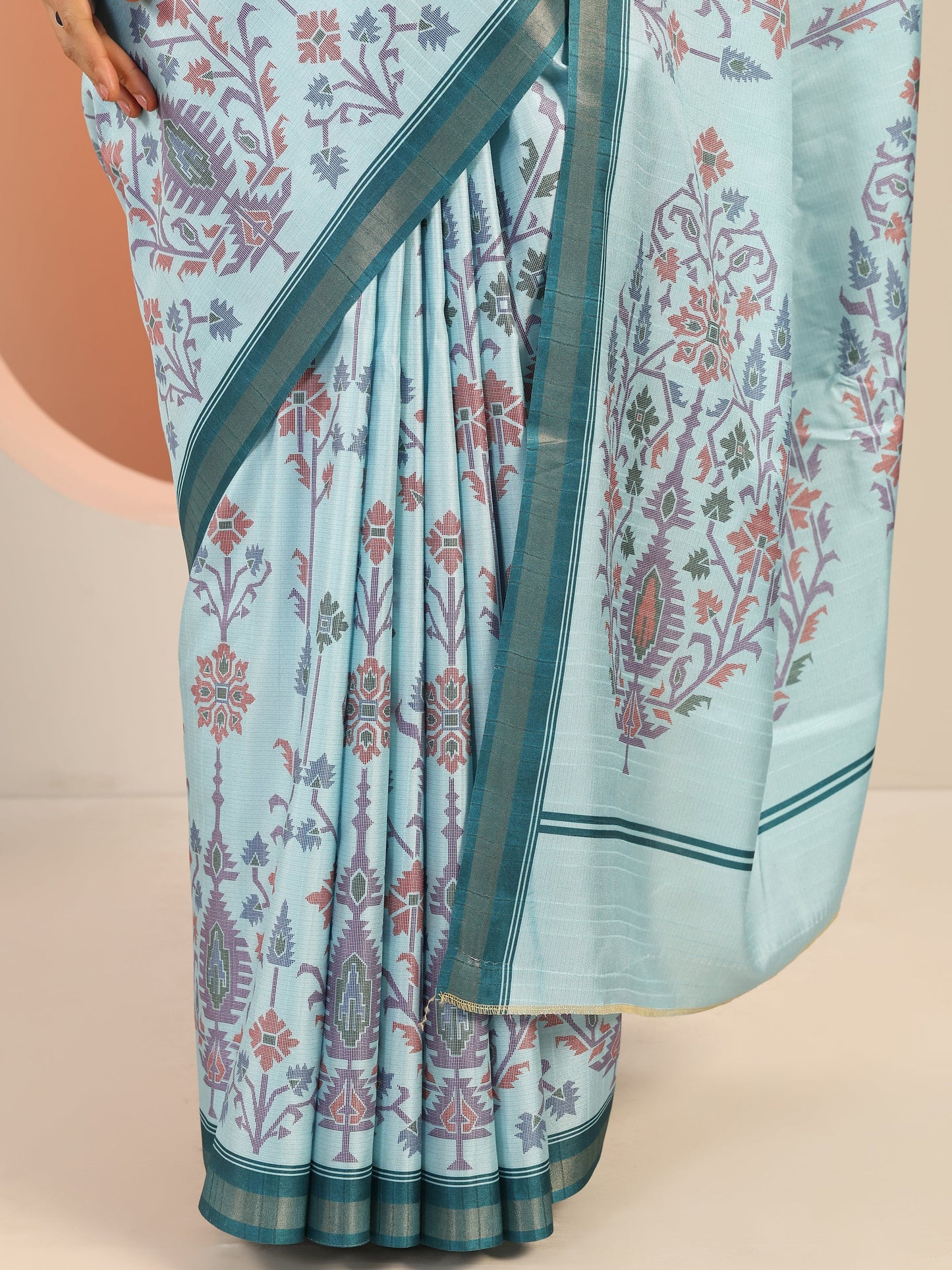 Blue Printed Silk Saree With Unstitched Blouse Piece