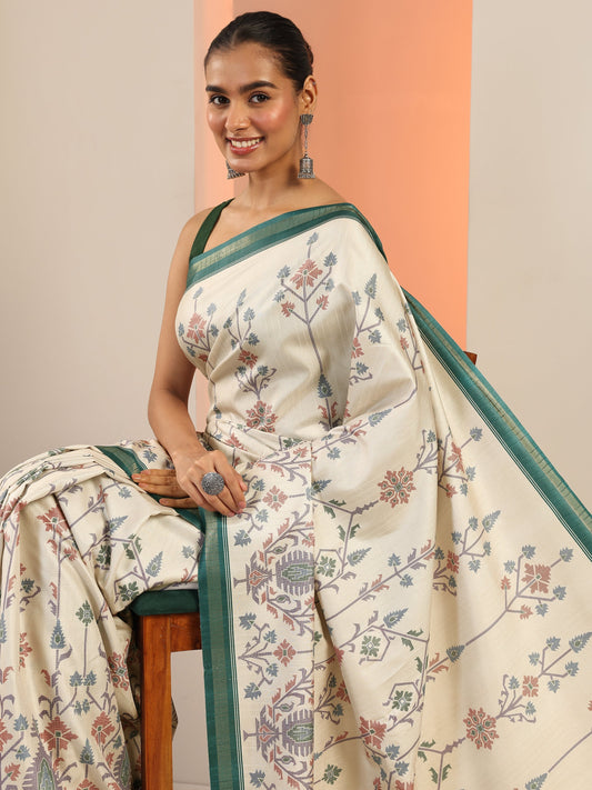Cream Printed Silk Saree With Unstitched Blouse Piece