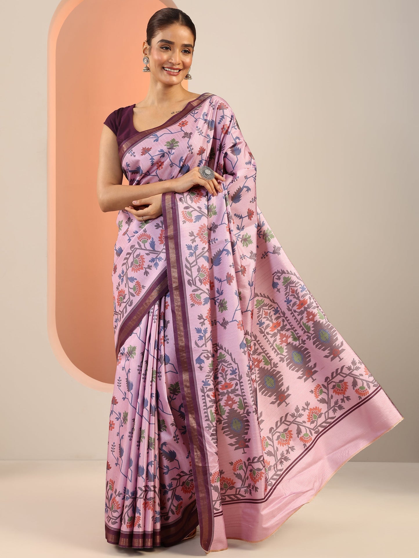 Lavender Printed Silk Saree With Unstitched Blouse Piece