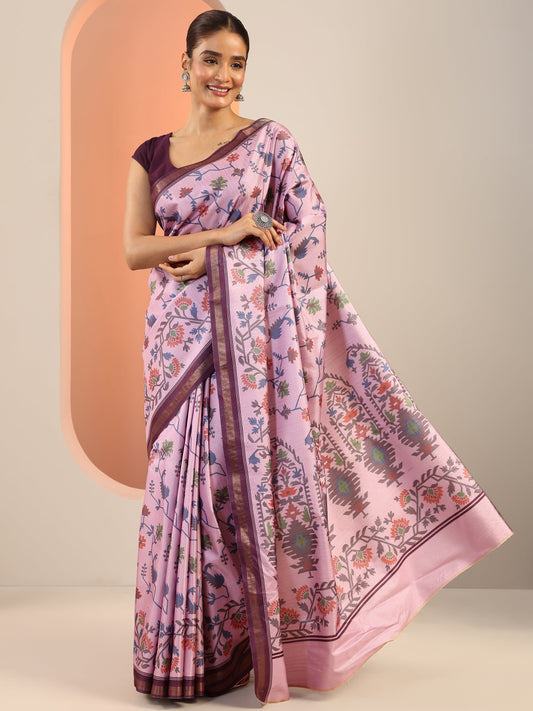 Lavender Printed Silk Saree With Unstitched Blouse Piece