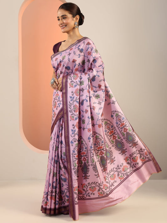 Lavender Printed Silk Saree With Unstitched Blouse Piece