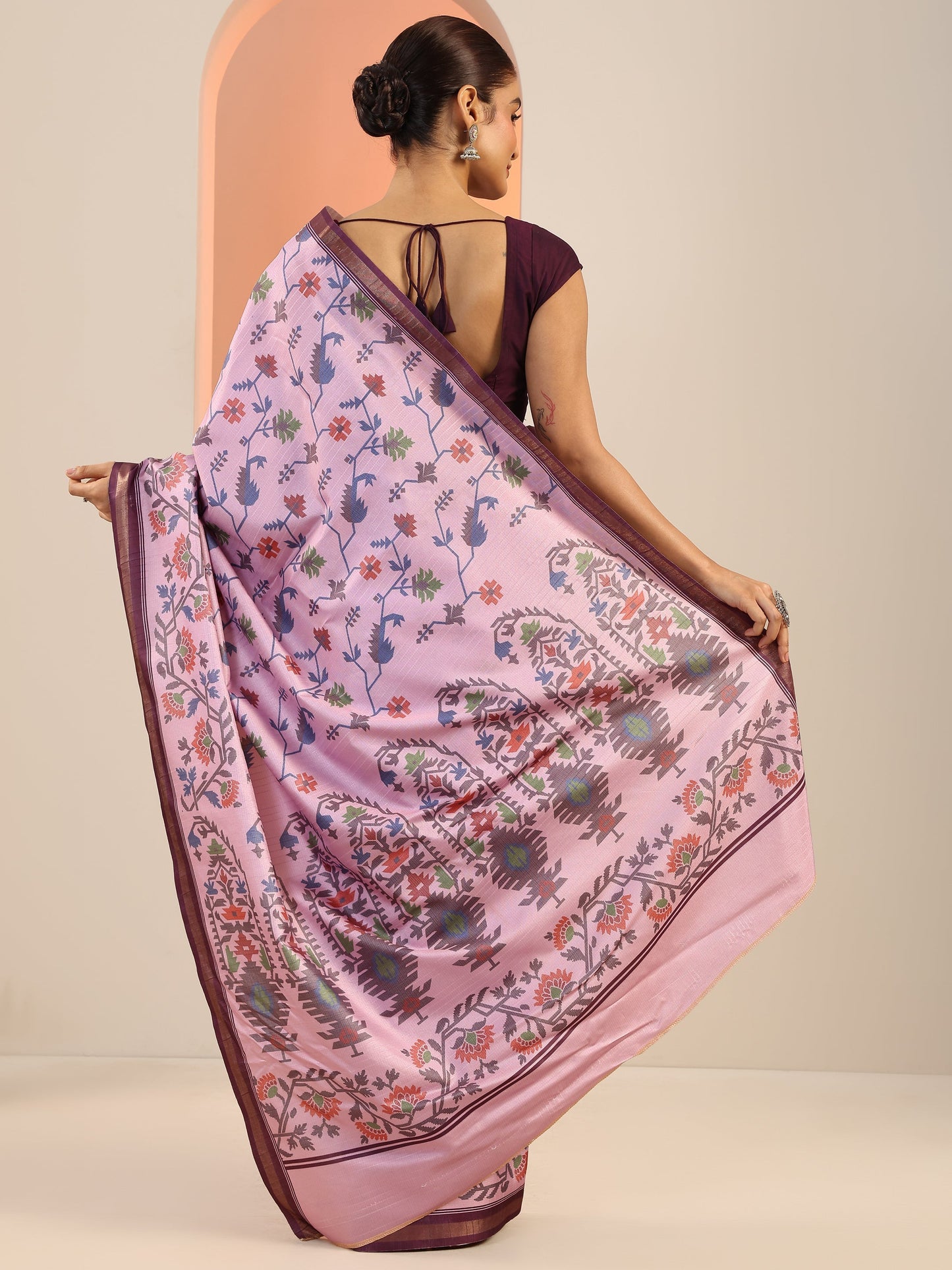 Lavender Printed Silk Saree With Unstitched Blouse Piece