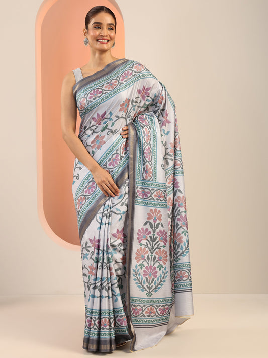 Grey Printed Silk Saree With Unstitched Blouse Piece