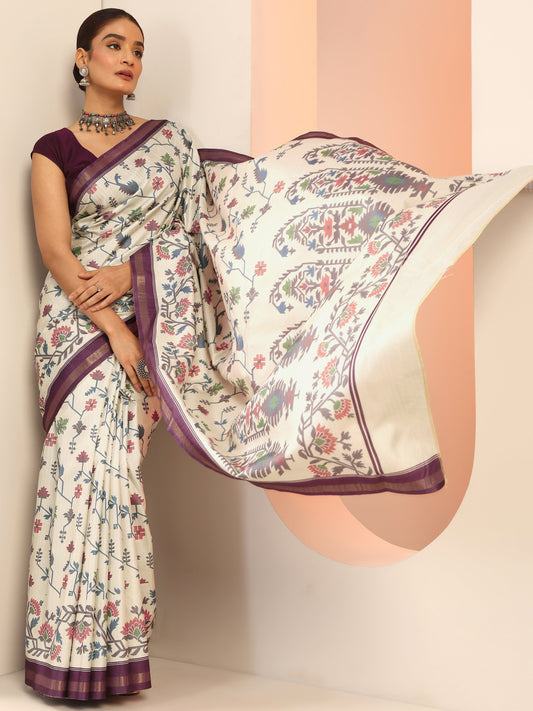 Cream Printed Silk Saree With Unstitched Blouse Piece