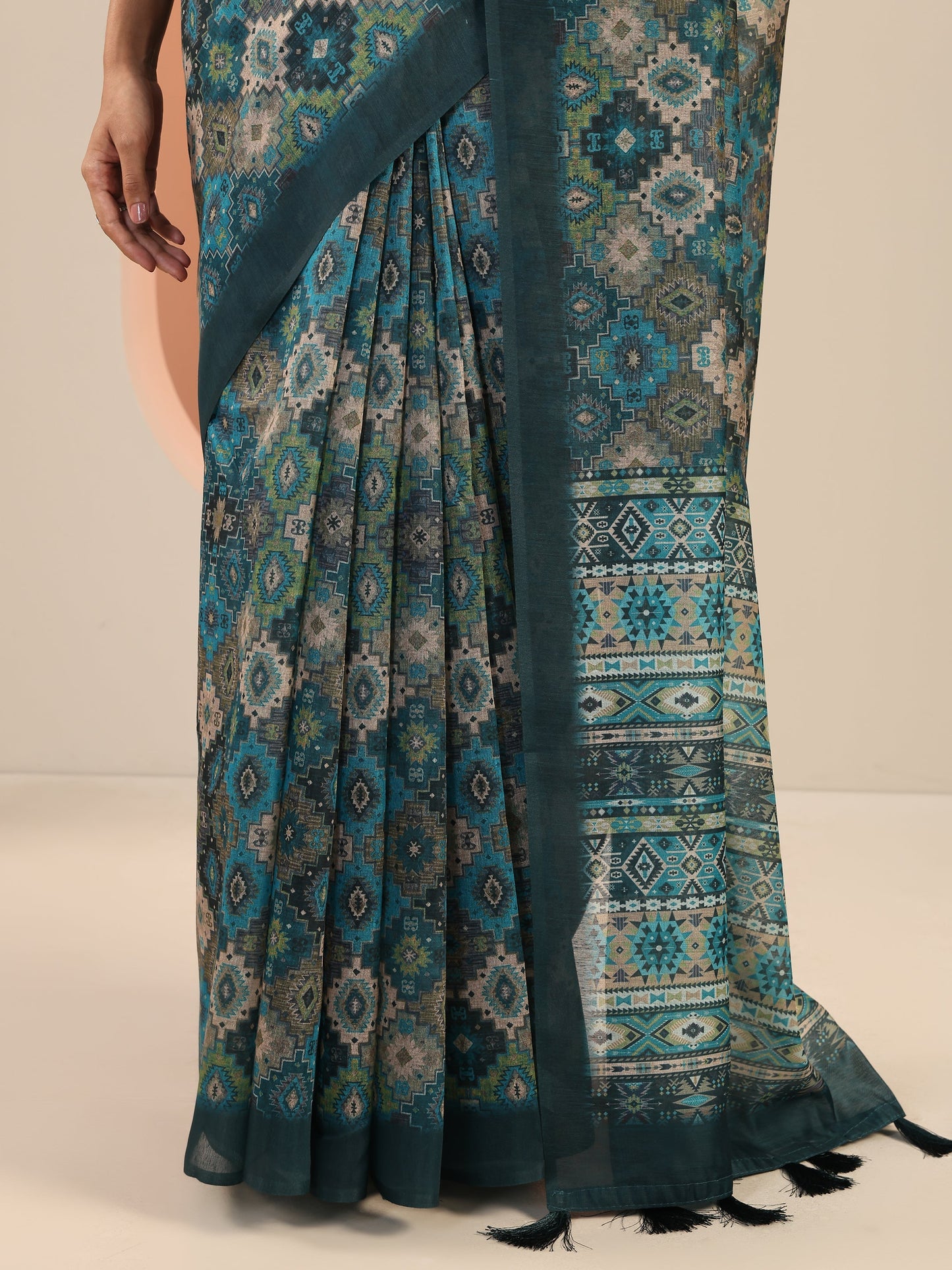 Teal Printed Silk Saree With Unstitched Blouse Piece