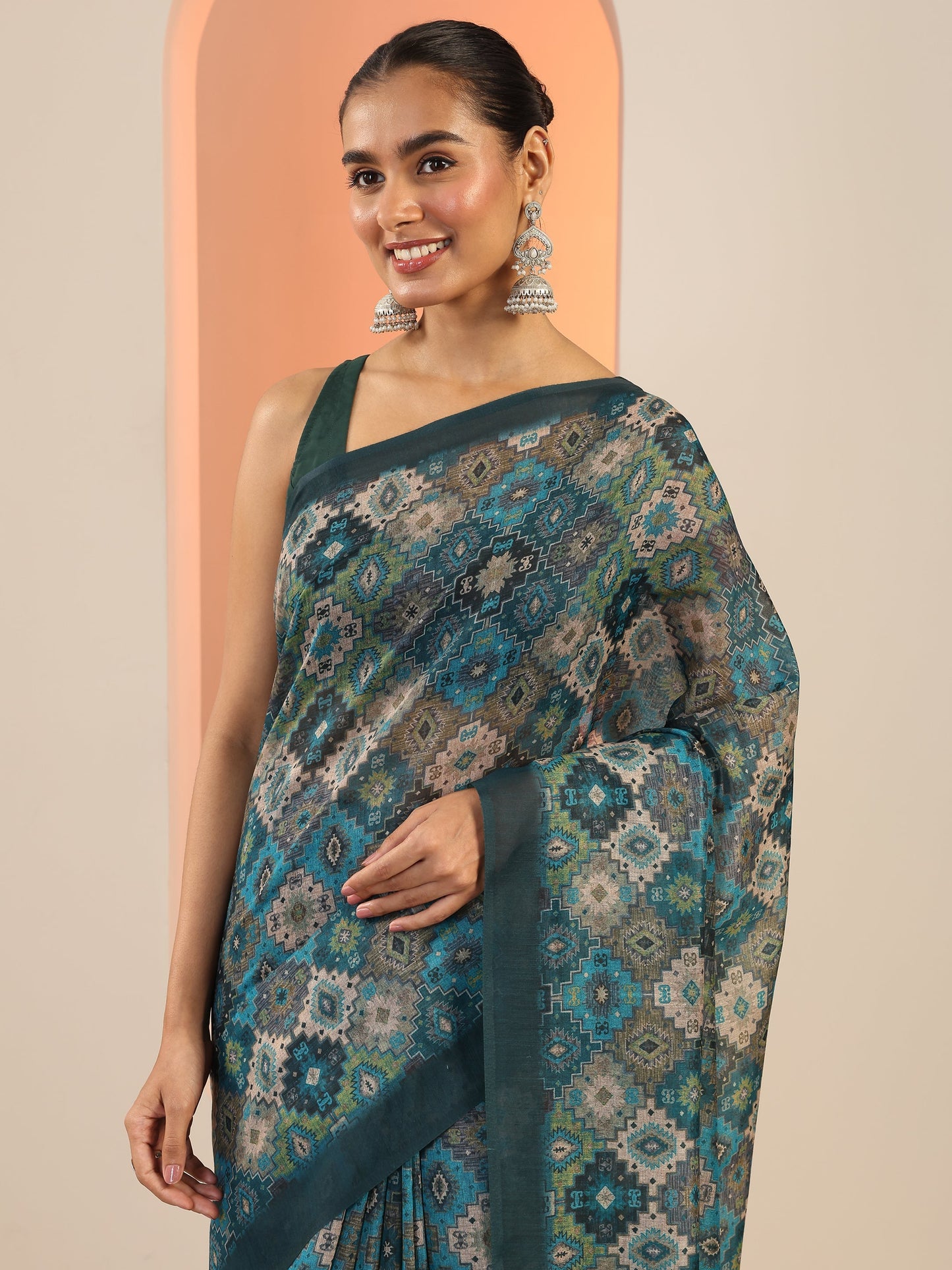Teal Printed Silk Saree With Unstitched Blouse Piece