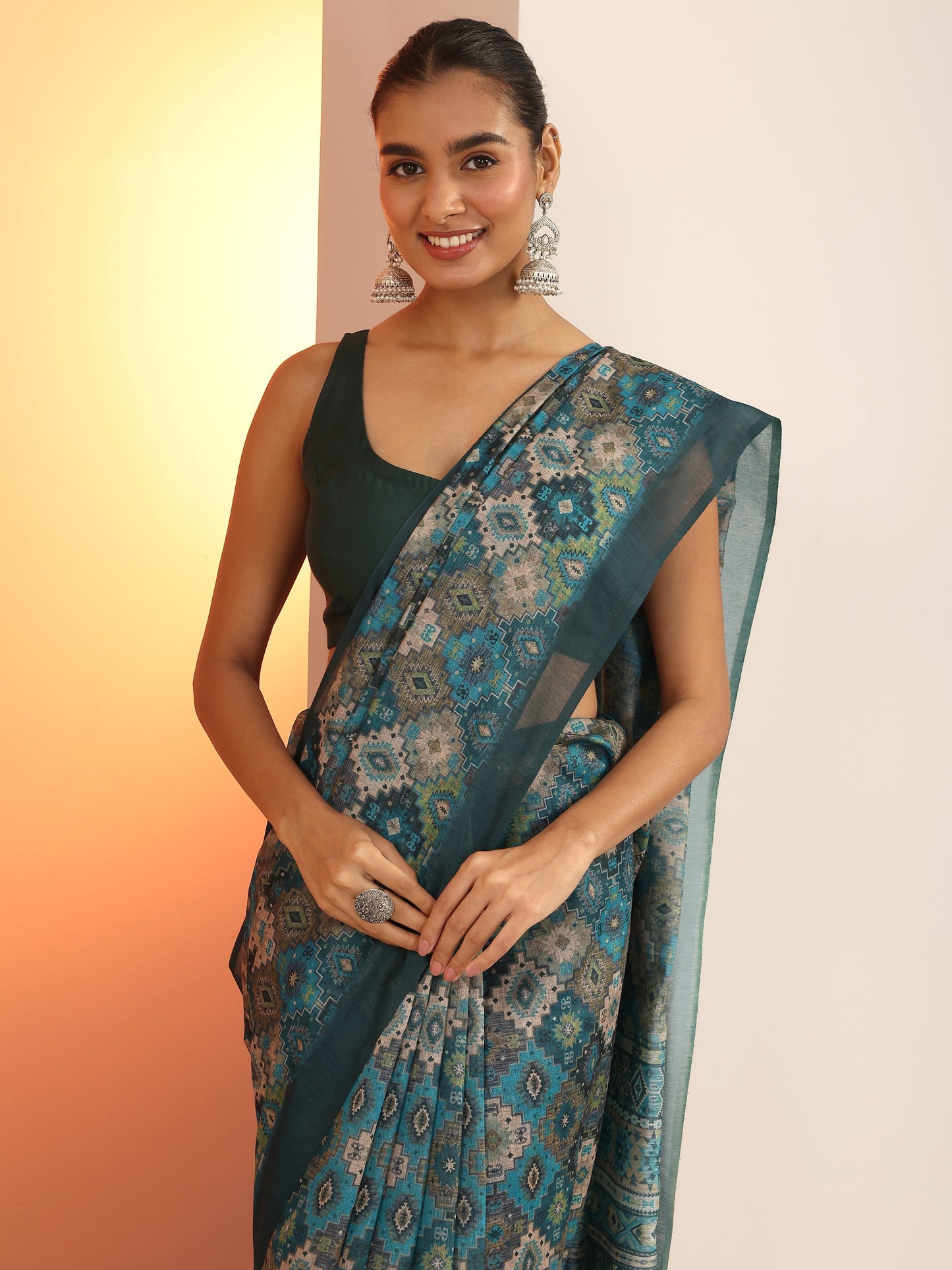 Teal Printed Silk Saree With Unstitched Blouse Piece