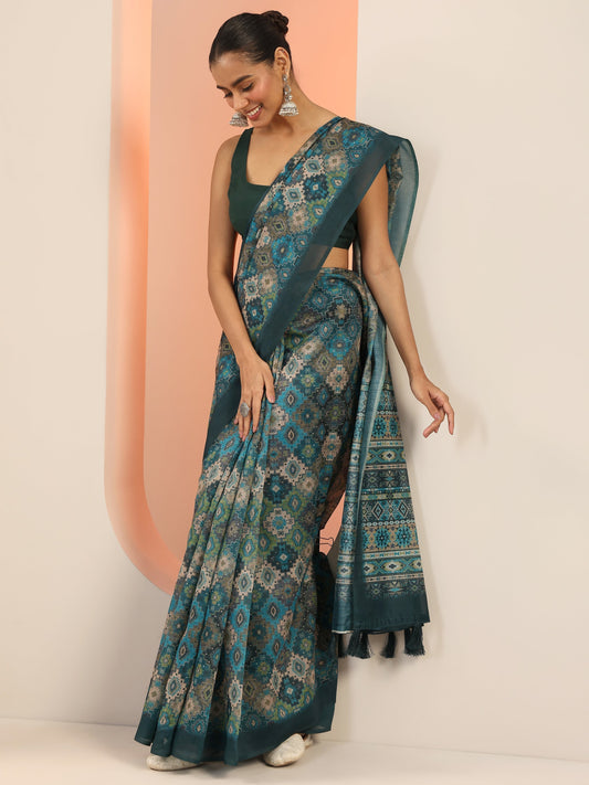 Teal Printed Silk Saree With Unstitched Blouse Piece