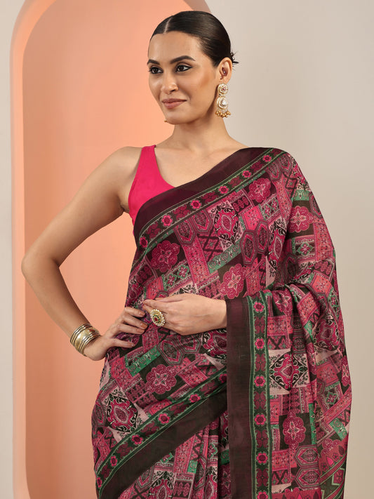 Multi Printed Silk Blend Saree With Unstitched Blouse Piece
