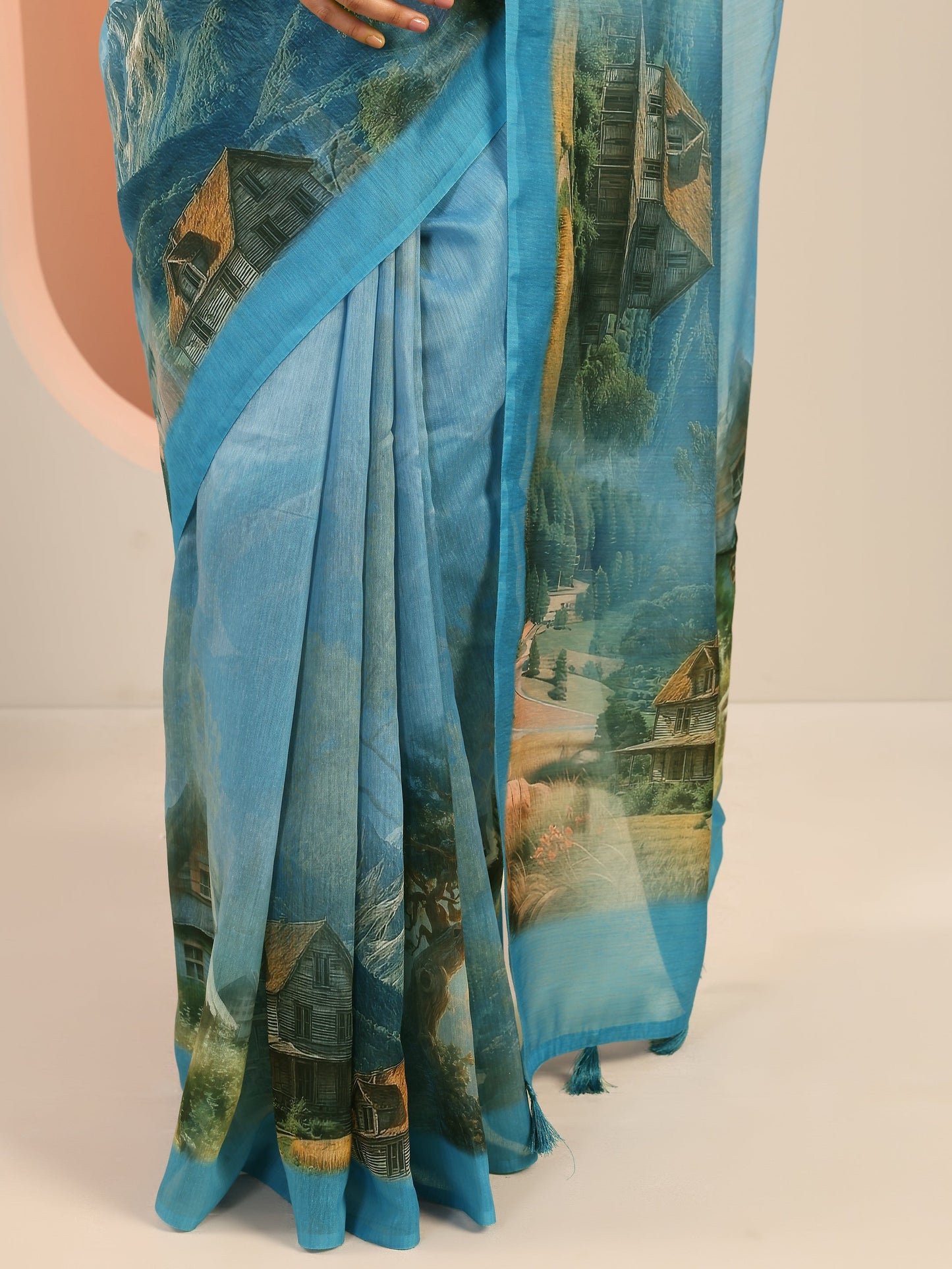 Blue Printed Silk Saree With Unstitched Blouse Piece
