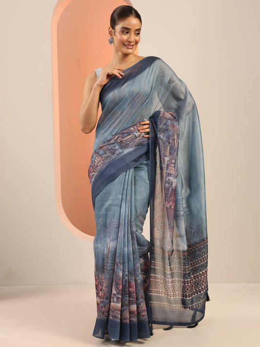 Blue Printed Silk Saree With Unstitched Blouse Piece