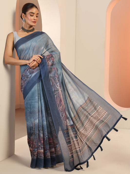 Blue Printed Silk Saree With Unstitched Blouse Piece