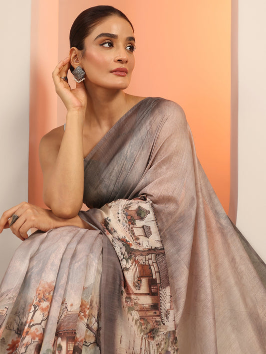 Mauve Printed Silk Saree With Unstitched Blouse Piece