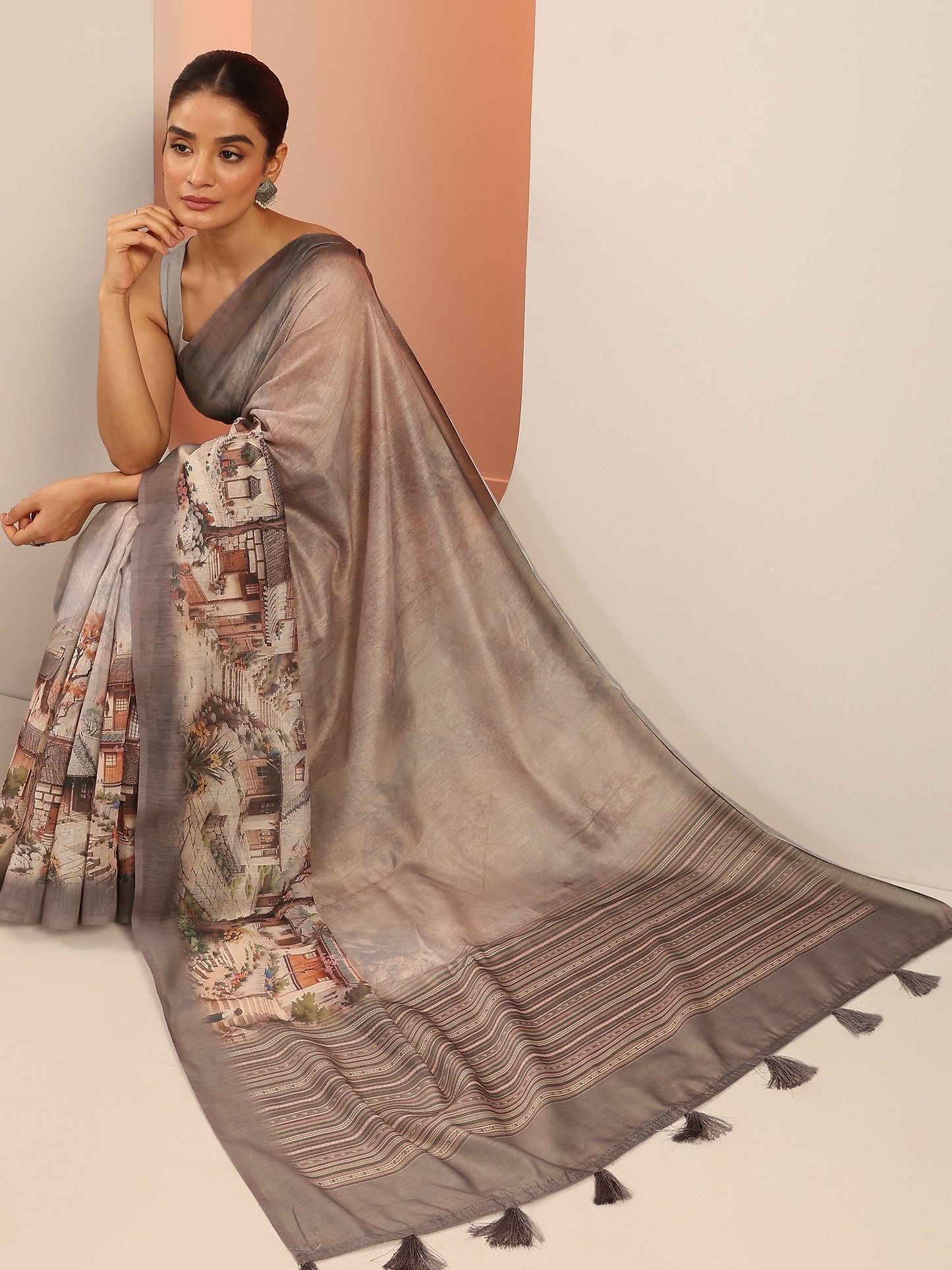 Mauve Printed Silk Saree With Unstitched Blouse Piece