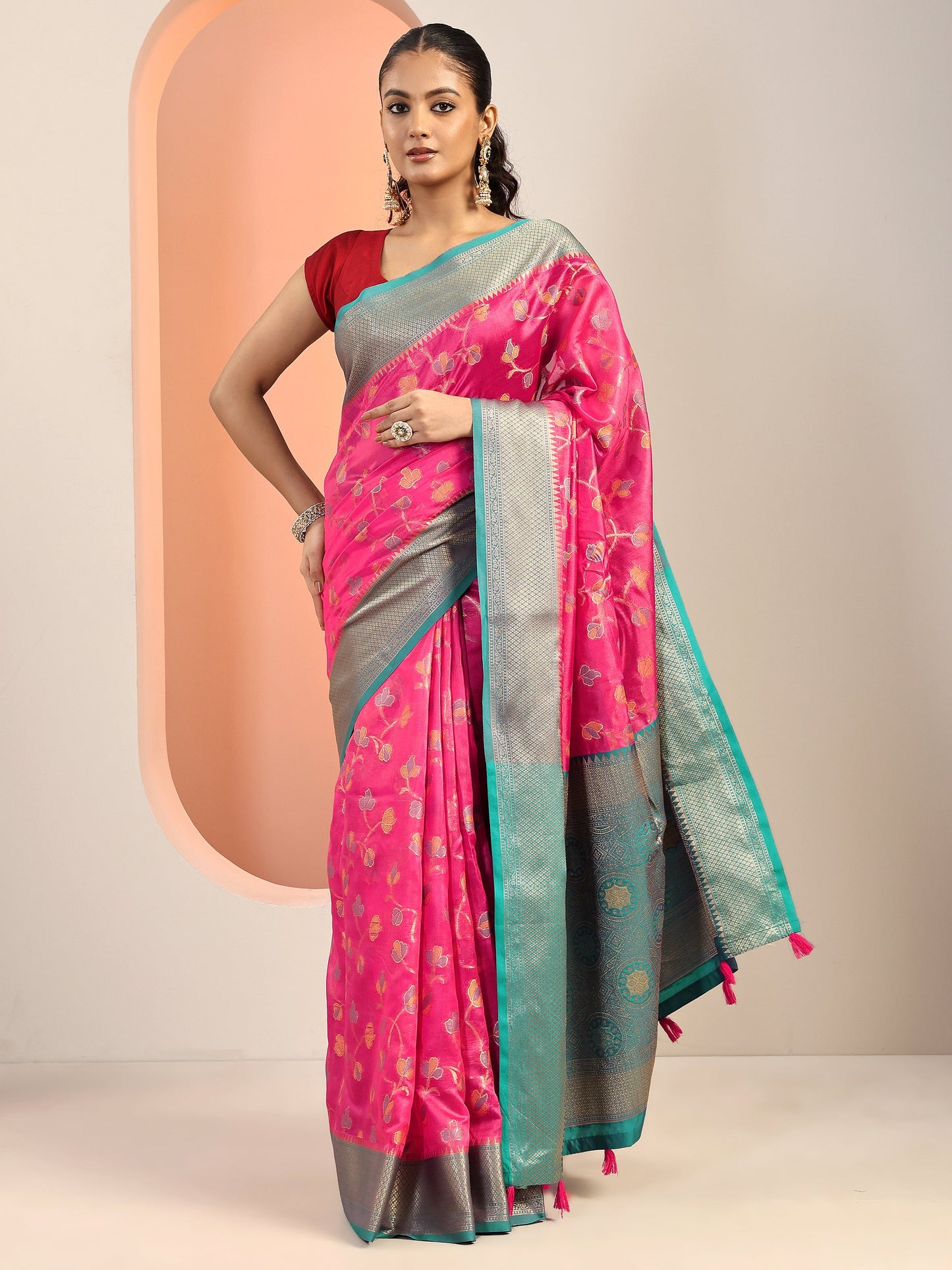 Pink Woven Design Silk Blend Saree With Unstitched Blouse Piece