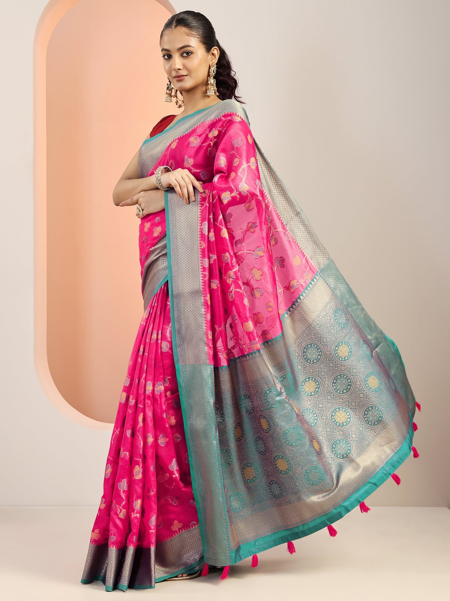 Pink Woven Design Silk Blend Saree With Unstitched Blouse Piece