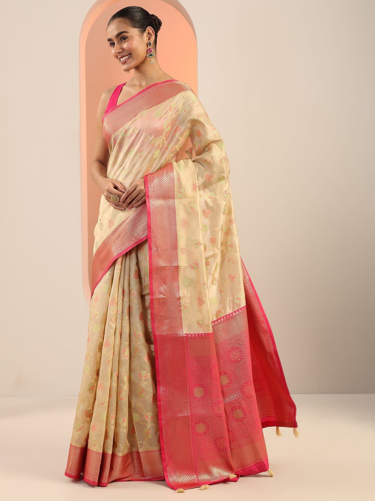Beige Woven Design Banarasi Silk Saree With Unstitched Blouse Piece