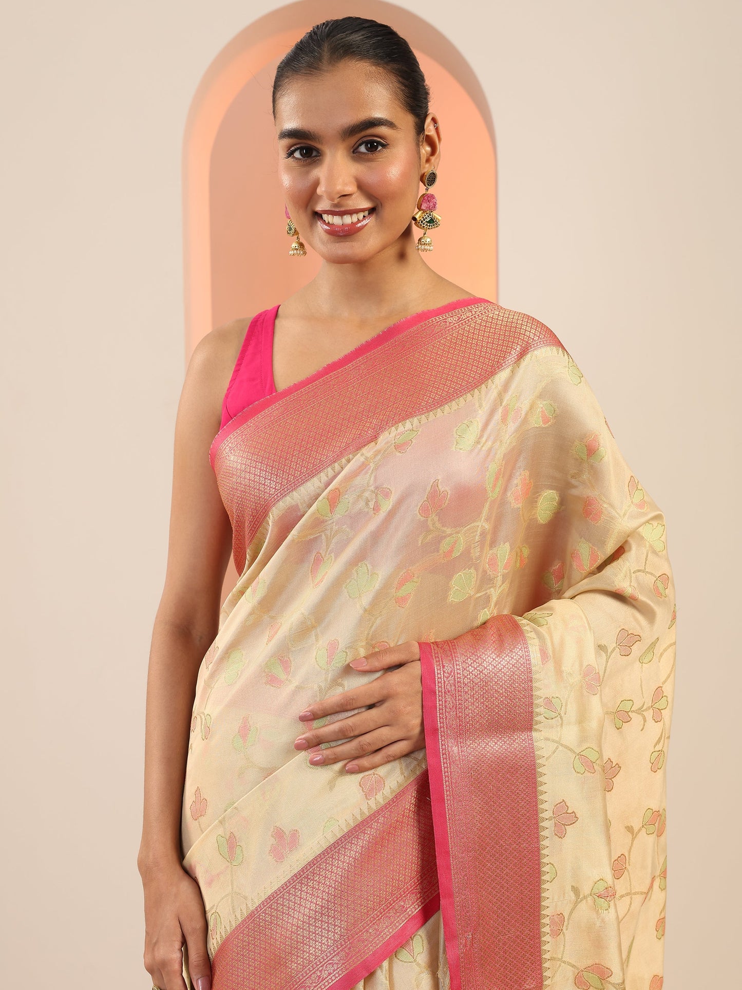 Beige Woven Design Banarasi Silk Saree With Unstitched Blouse Piece
