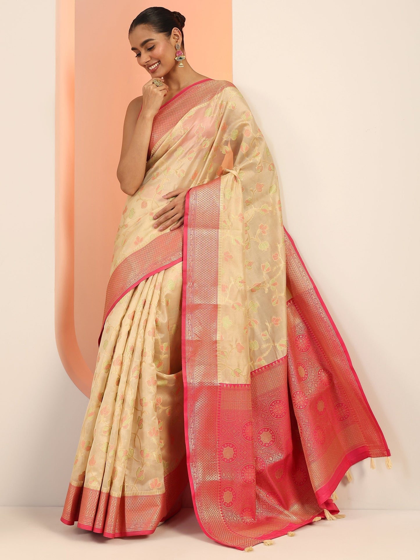 Beige Woven Design Banarasi Silk Saree With Unstitched Blouse Piece