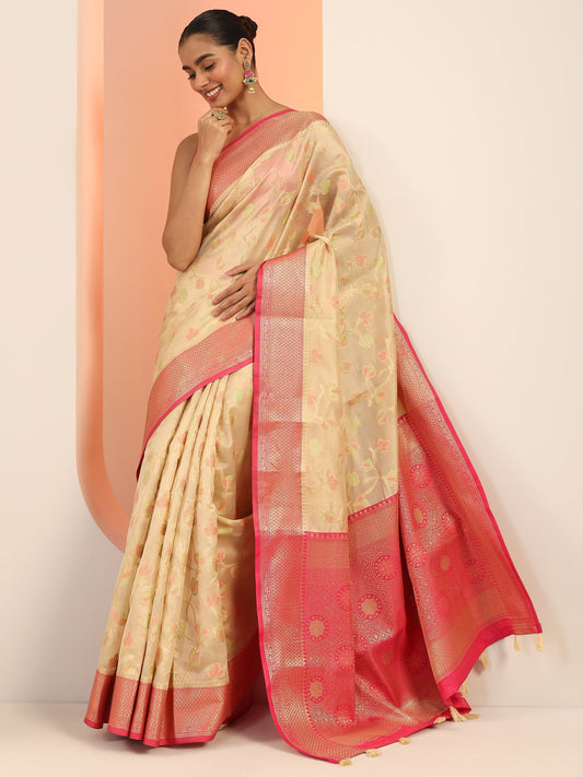 Beige Woven Design Banarasi Silk Saree With Unstitched Blouse Piece