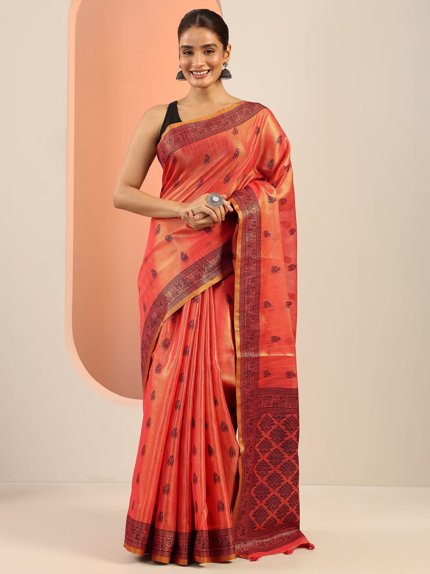 Peach Woven Design Silk Saree With Unstitched Blouse Piece