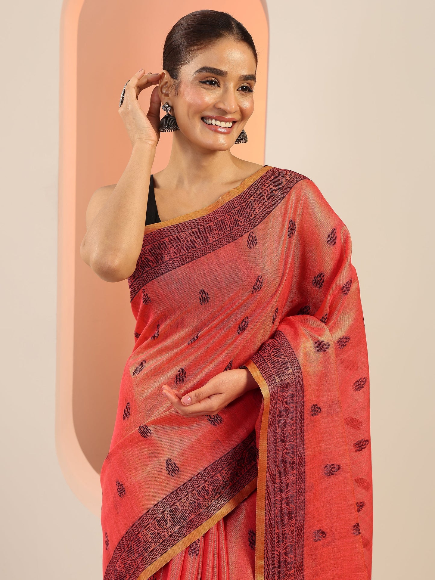 Peach Woven Design Silk Saree With Unstitched Blouse Piece