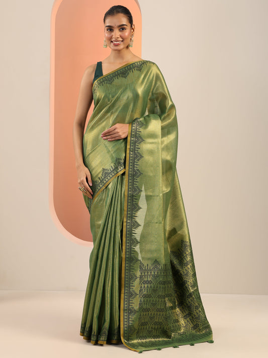 Green Solid Silk Saree With Unstitched Blouse Piece